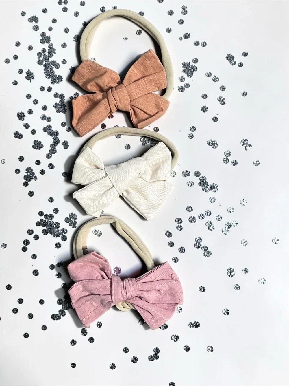 Handmade Baby Hair Bows Set of 3 | Stretchy Nylon Headbands | Soft Linen Texture
